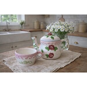 Vintage Floral Rose Teapot & Teacup Set Cottagecore Shabby Chic Tea Party Decor